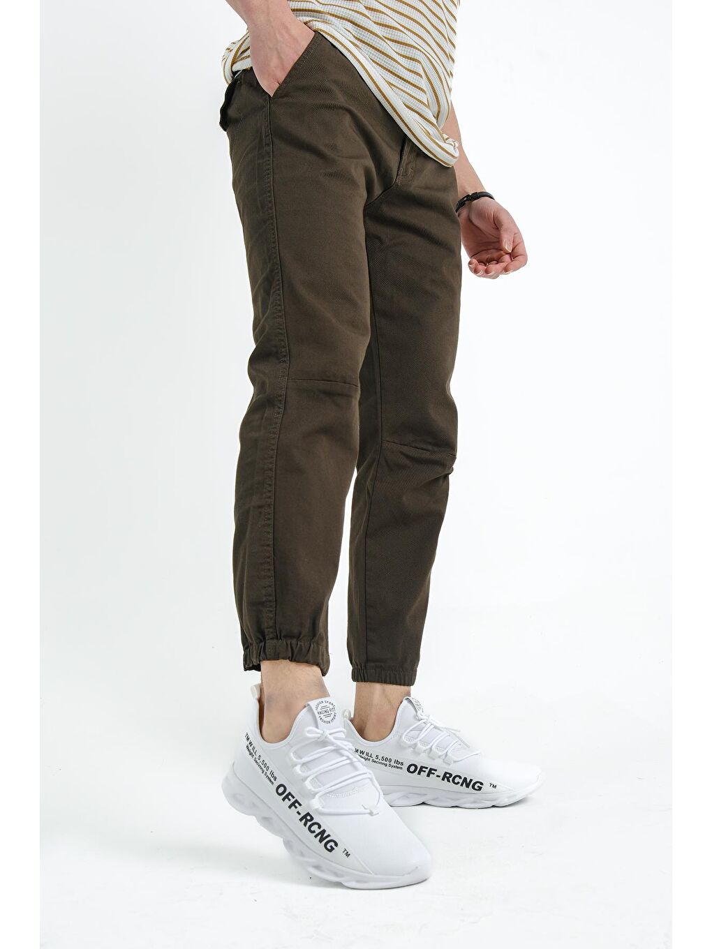 Haki Wren Paça Lastikli Beli İpli Erkek Keten Jogger Pantolon