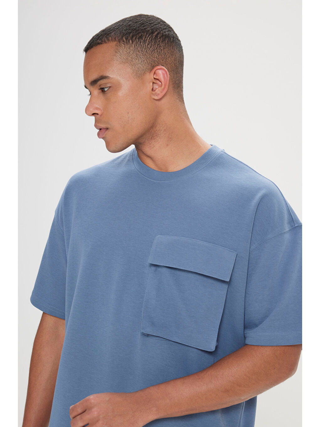 Erkek İndigo Oversize Fit Bol Kesim Pamuklu Düz Bisiklet Yaka Tişört-3