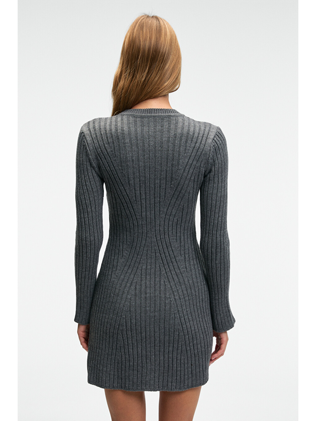 Encanto Kadın Yuvarlak Yaka Çizgi Desenli Slim Fit Antrasit Elbise-7