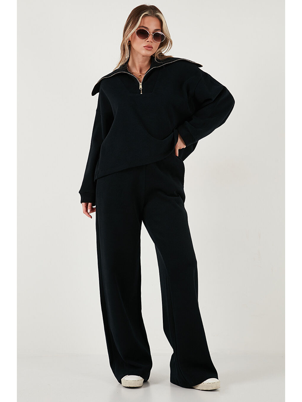 Siyah Pamuklu Oversize Fit Yarım Fermuarlı Yaka Uzun Kollu Triko Takım 68351218