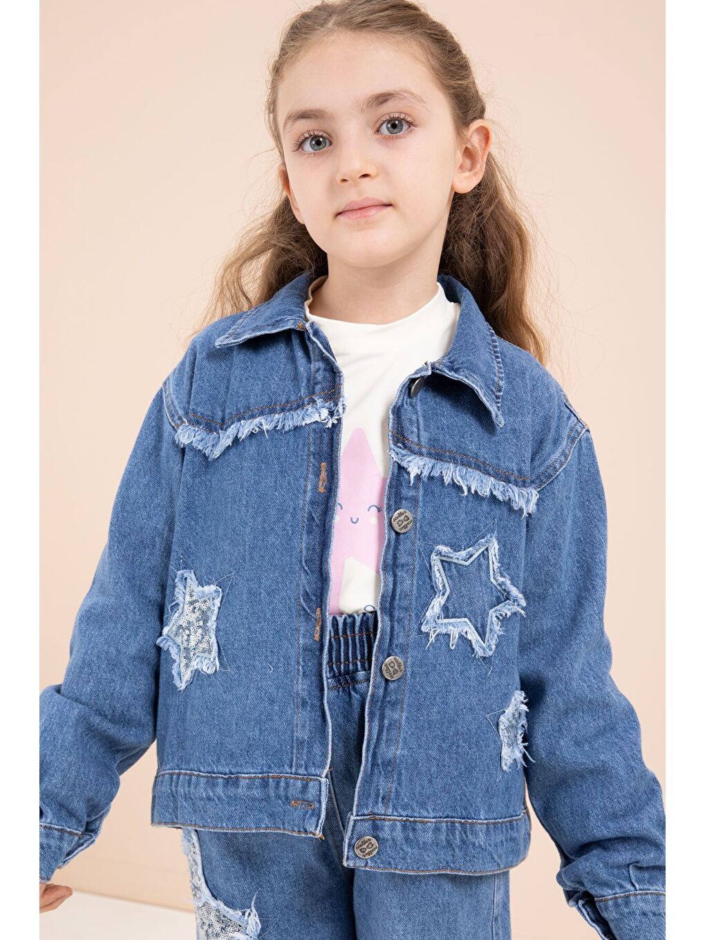 Lacivert Yıldız Nakışlı Ceketli Kız Çocuk 3lü Jean Takım 23443-1