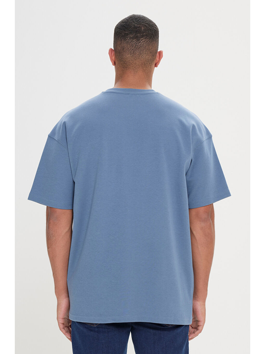 Erkek İndigo Oversize Fit Bol Kesim Pamuklu Düz Bisiklet Yaka Tişört-4