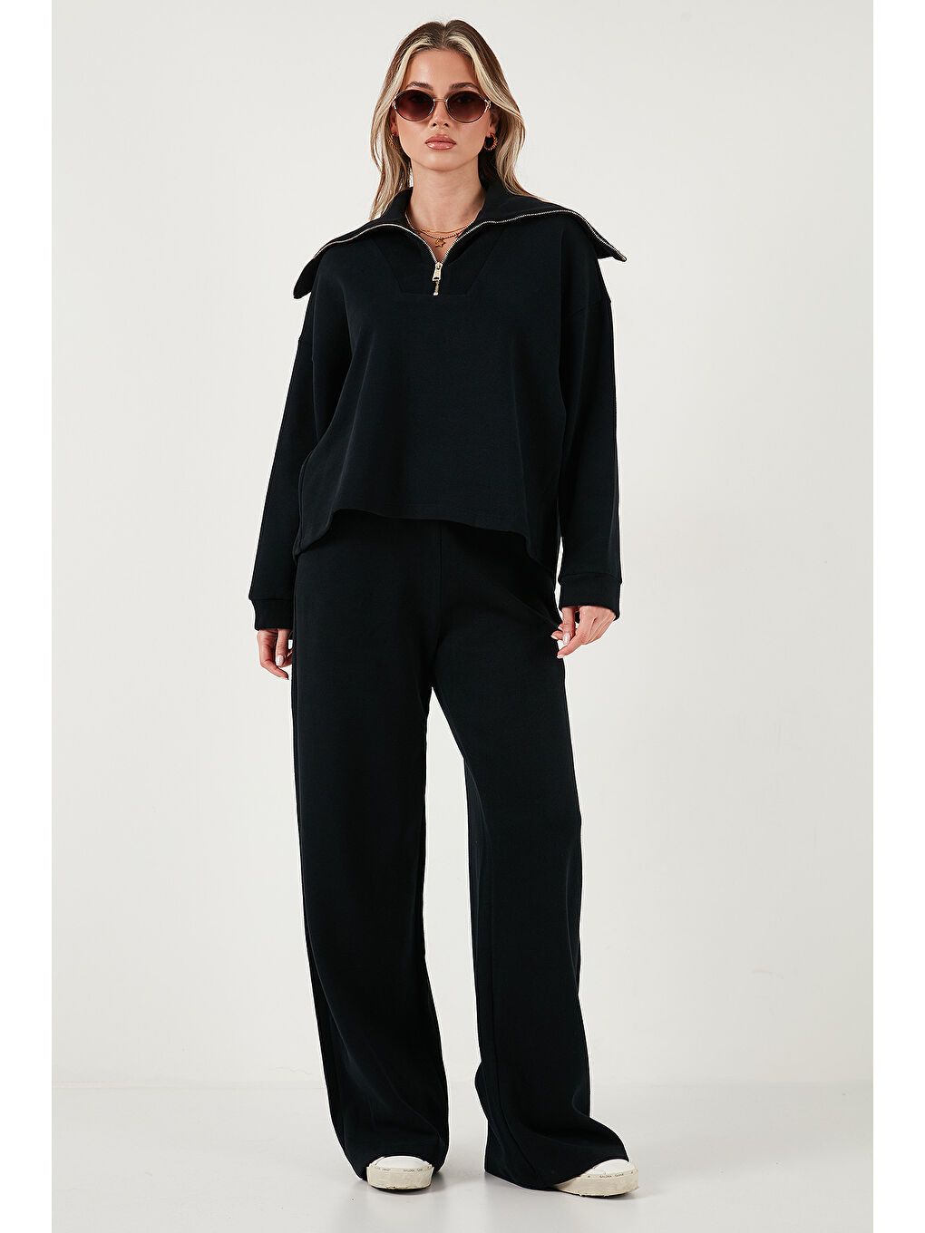 Siyah Pamuklu Oversize Fit Yarım Fermuarlı Yaka Uzun Kollu Triko Takım 68351218-1