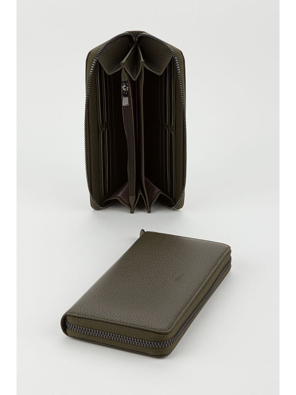 Kutulu Hakiki Deri Su Yeşili Fermuarlı Büyük Boy Kadın El Portföyü Kartlık Cüzdan-2