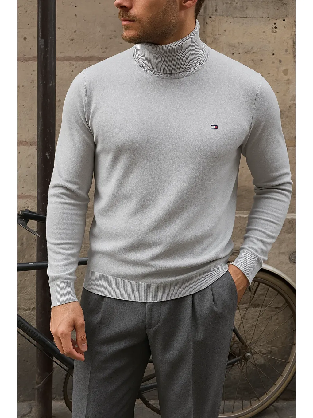 Erkek Premium Boğazlı Gri Triko Kazak-1