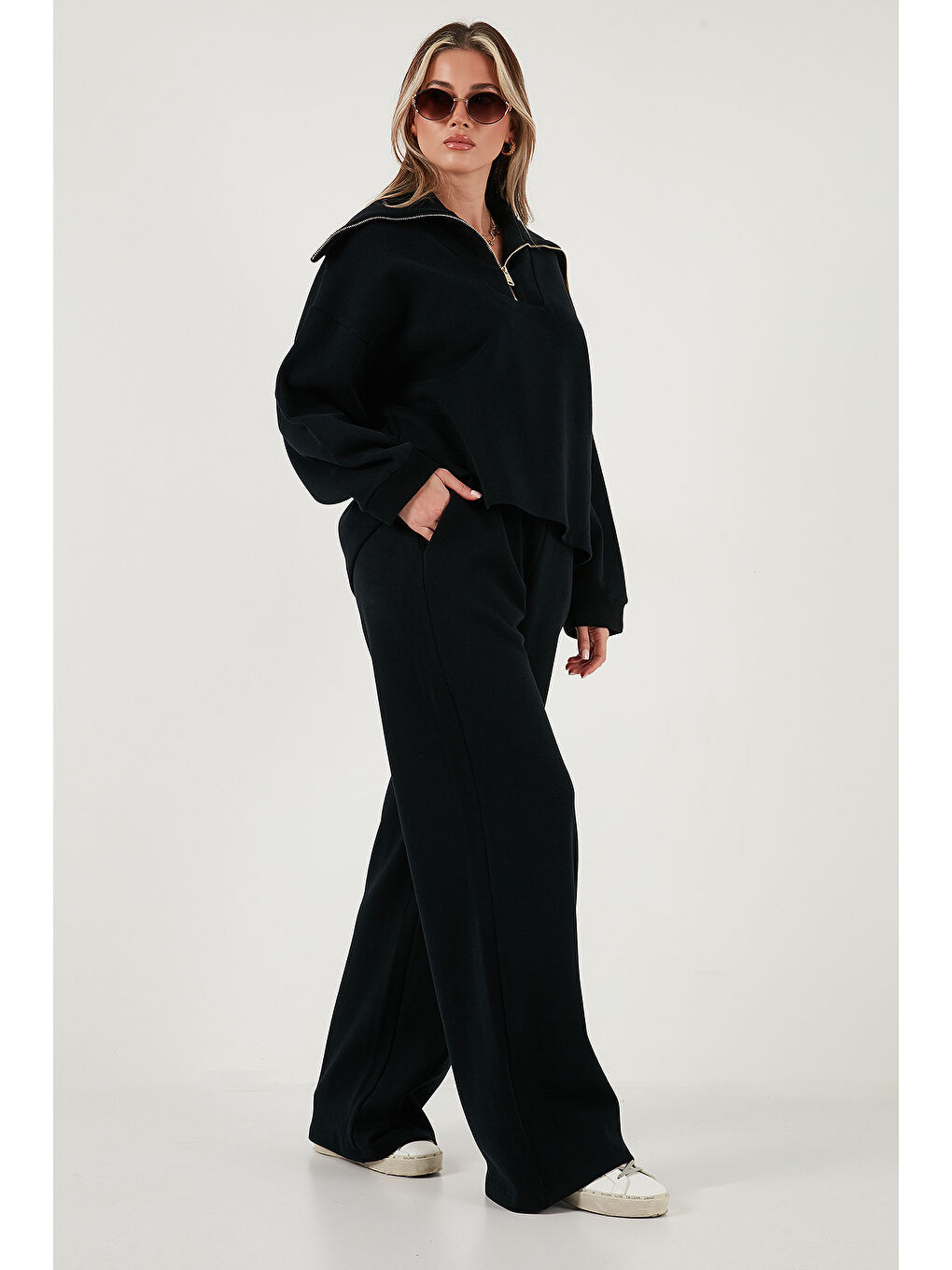 Siyah Pamuklu Oversize Fit Yarım Fermuarlı Yaka Uzun Kollu Triko Takım 68351218-2