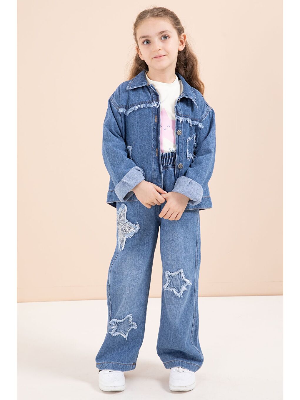 Lacivert Yıldız Nakışlı Ceketli Kız Çocuk 3lü Jean Takım 23443-2