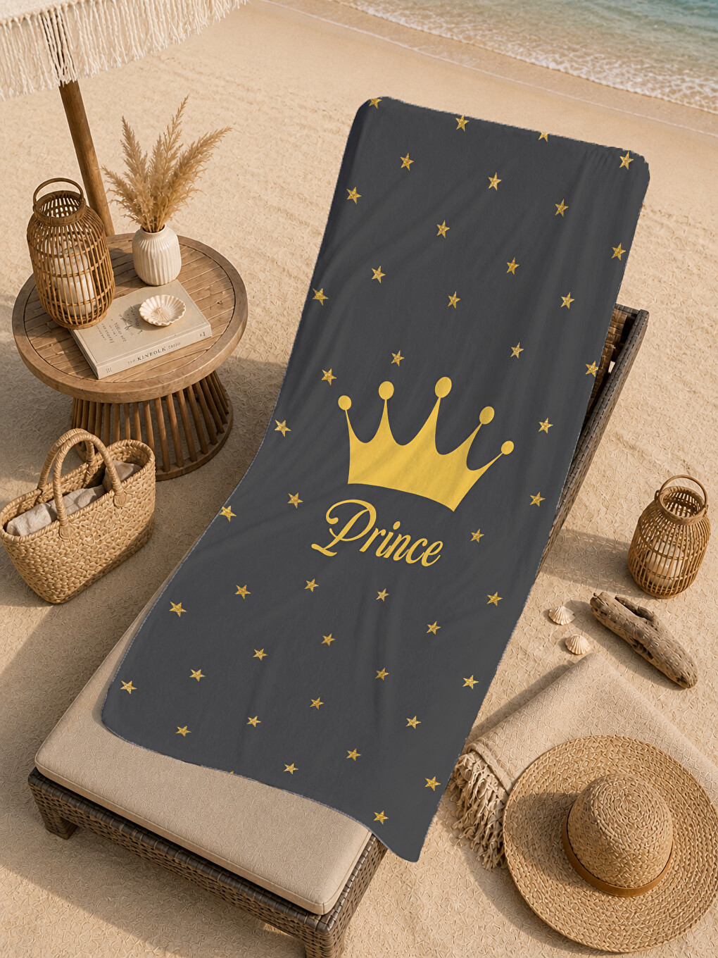 Minimal Prince Yazılı Altın Taç Antrasit Desenli 70x150 Plaj Havlusu - Dijital Baskılı Banyo Havlusu
