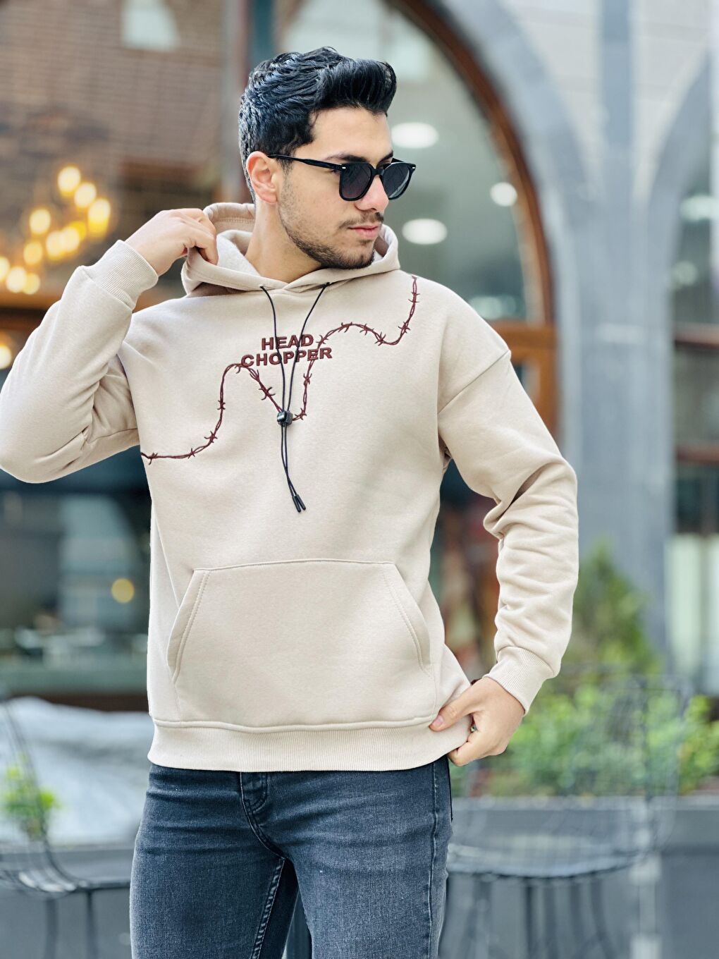 Miron Bej Üç İplik Head Chopper Nakışlı Oversize Kapüşonlu Sweatshirt - 3