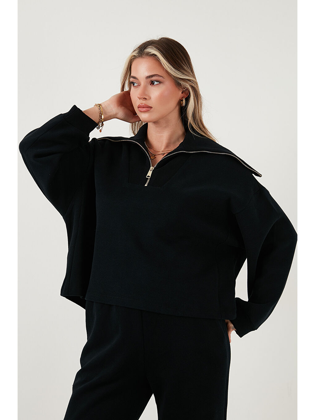 Siyah Pamuklu Oversize Fit Yarım Fermuarlı Yaka Uzun Kollu Triko Takım 68351218-3