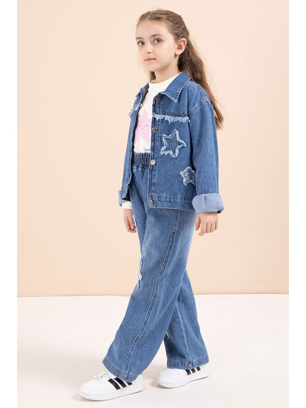 Lacivert Yıldız Nakışlı Ceketli Kız Çocuk 3lü Jean Takım 23443-3