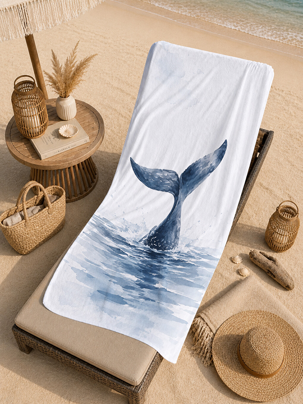Minimal Suluboya Balina Kuyruğu Mavi Deniz Desenli 70x150 Plaj Havlusu - Pamuklu Banyo Havlusu-3