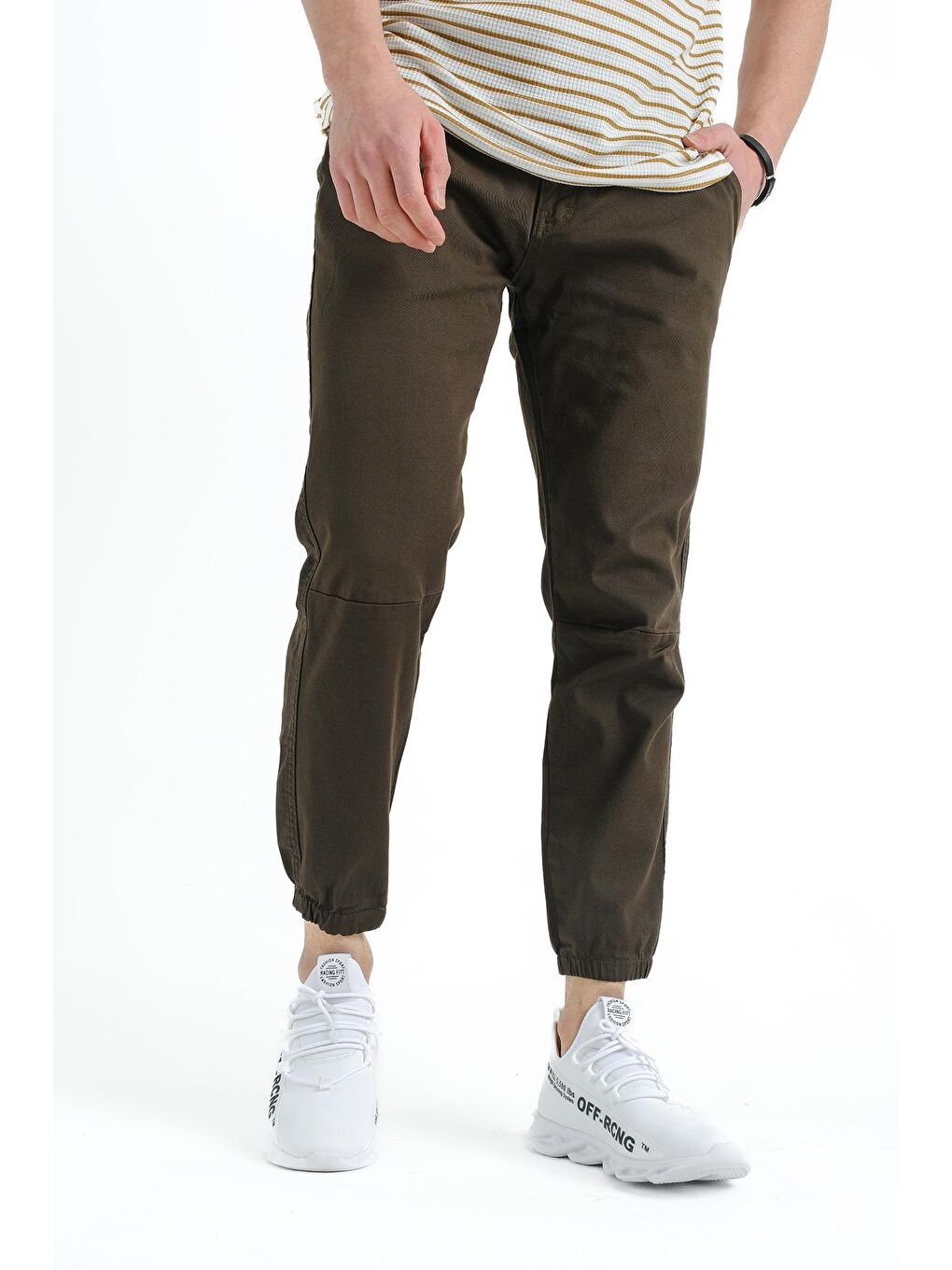 Haki Wren Paça Lastikli Beli İpli Erkek Keten Jogger Pantolon-1