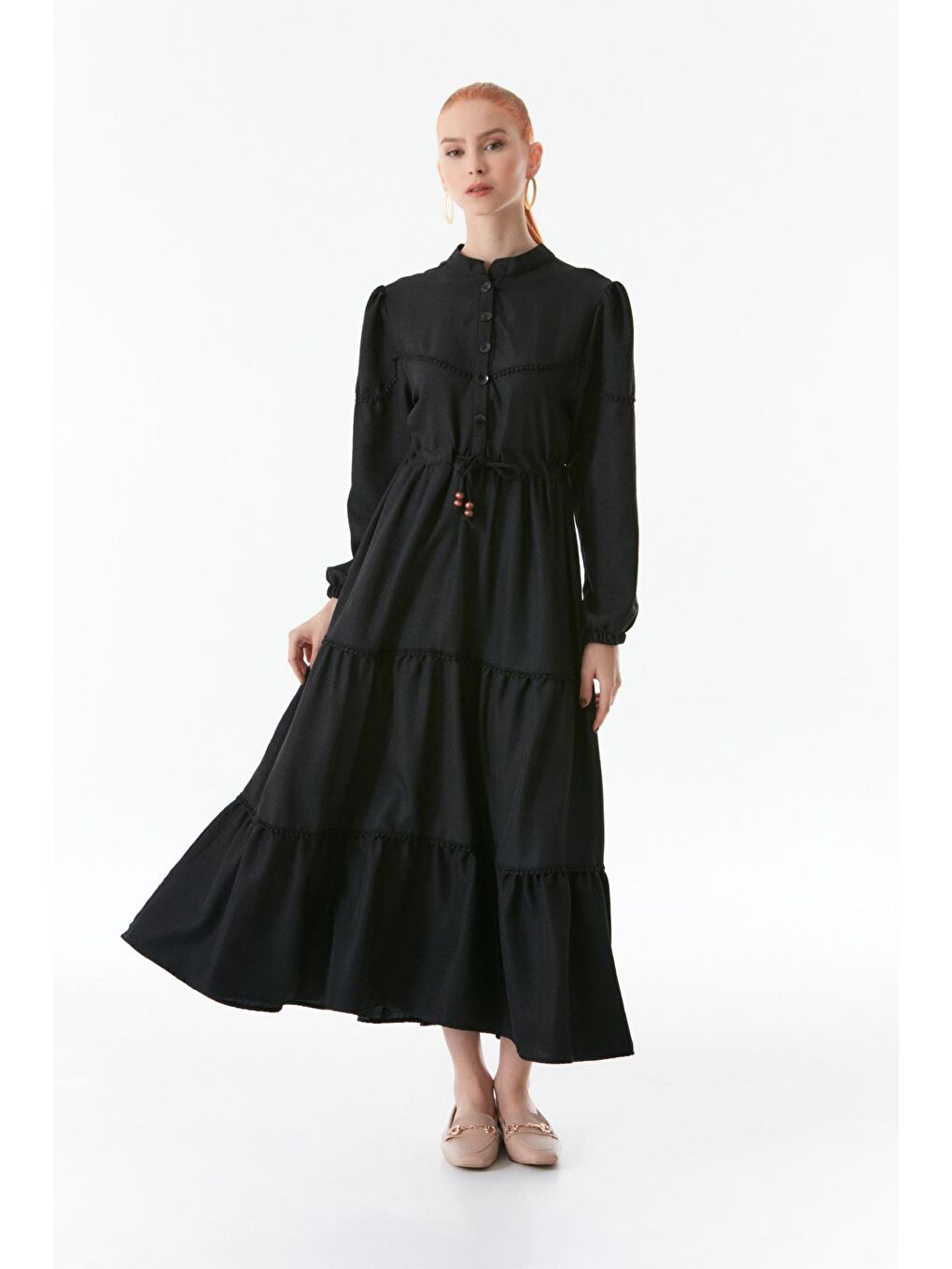 Siyah Fullamodest Beli Bağlamalı Hakim Yaka Elbise