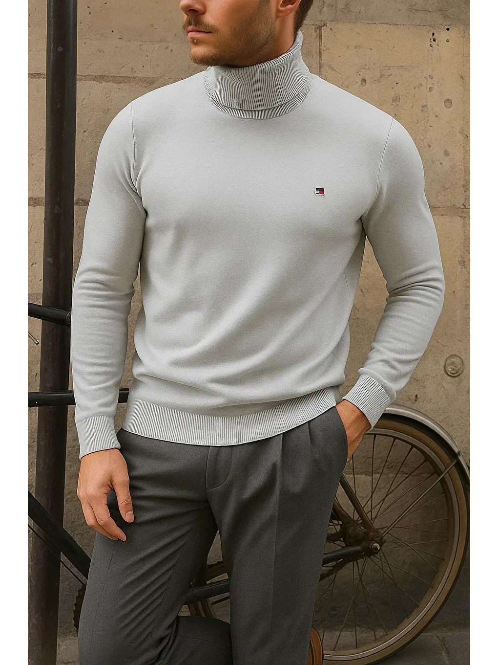 Erkek Premium Boğazlı Gri Triko Kazak-3