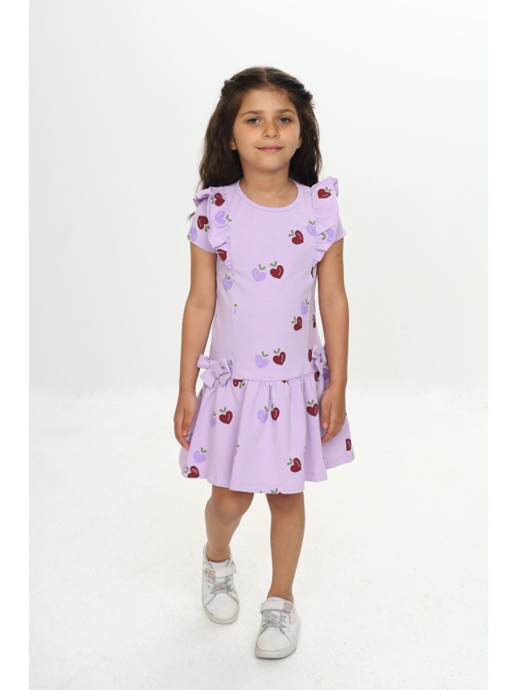 Lila Kız Çocuk Fiyonklu Kalp Baskılı Elbise
