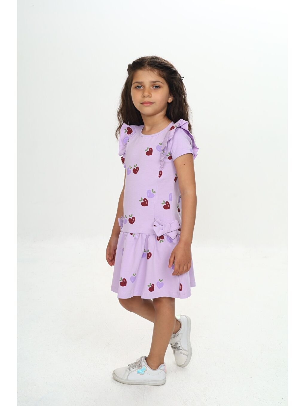 Lila Kız Çocuk Fiyonklu Kalp Baskılı Elbise-2