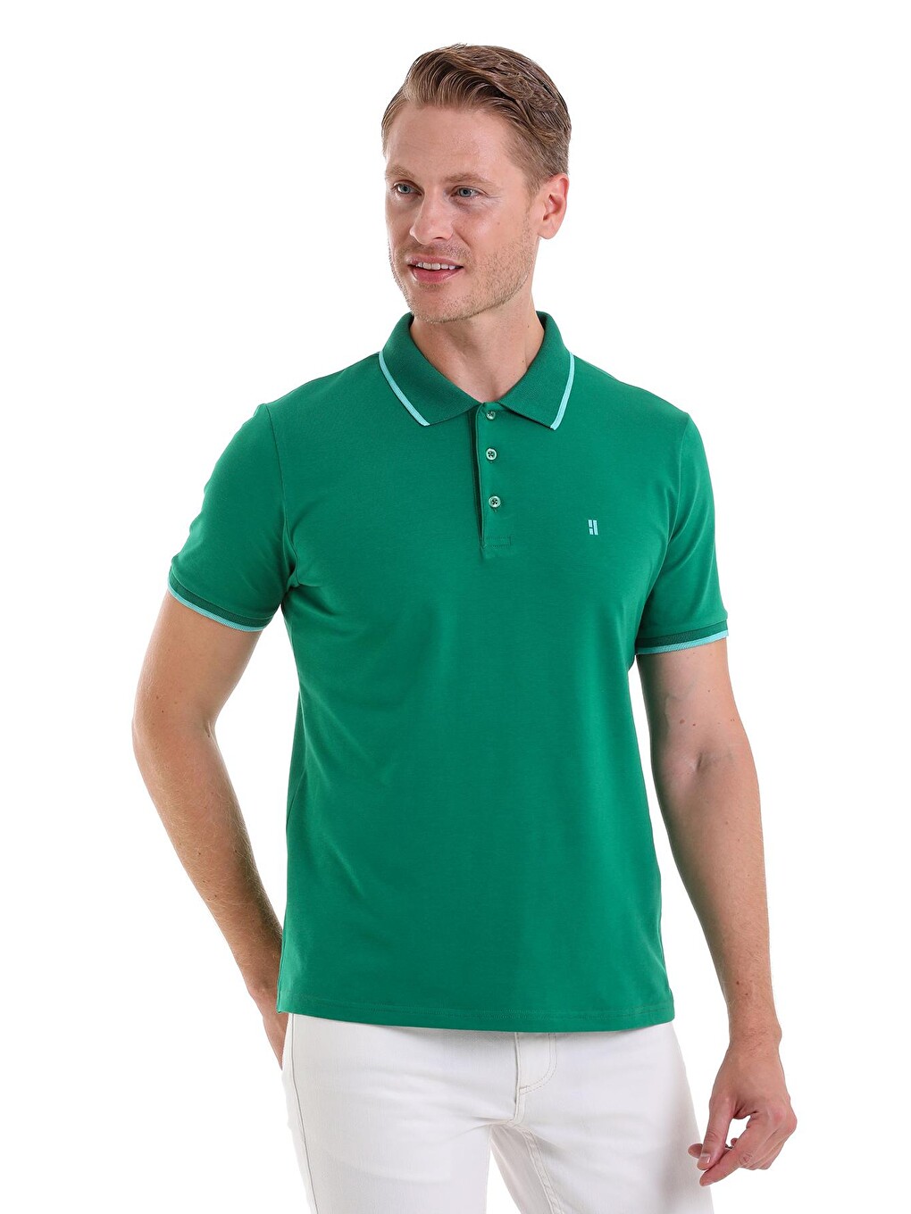Yeşil Regular Fit Düz 100% Pamuklu Polo Yaka Tişört