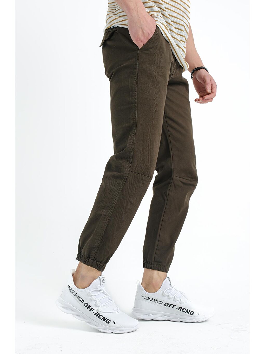 Haki Wren Paça Lastikli Beli İpli Erkek Keten Jogger Pantolon-2