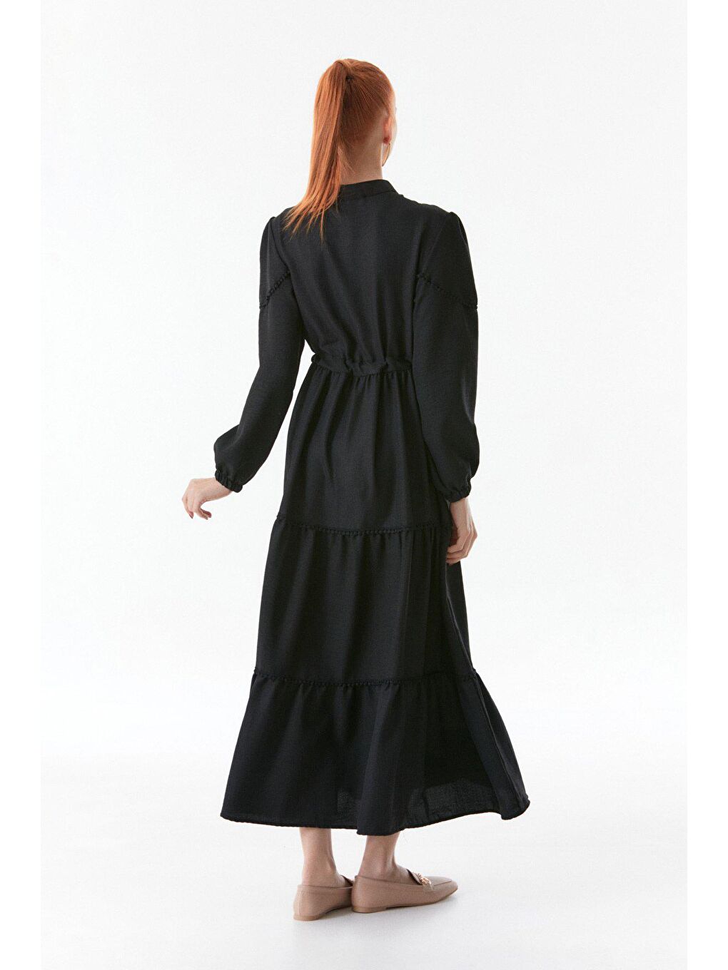 Siyah Fullamodest Beli Bağlamalı Hakim Yaka Elbise-1