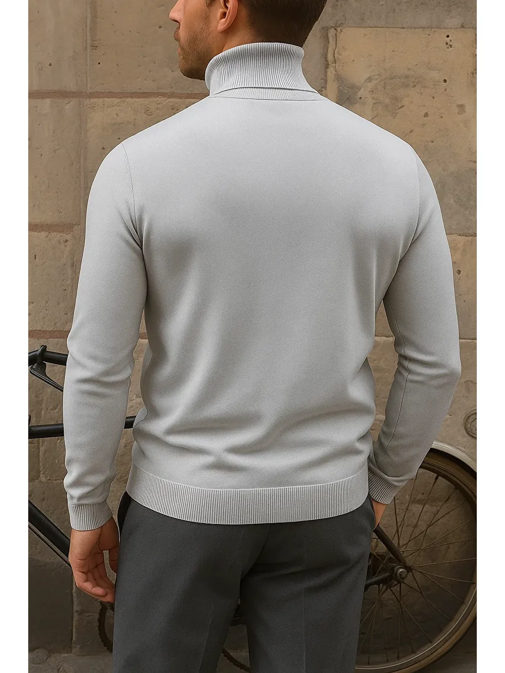 Erkek Premium Boğazlı Gri Triko Kazak-4