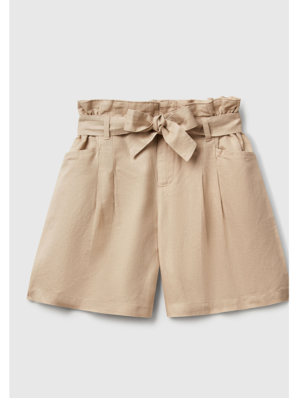 Kız Çocuk Bej Keten Karışımlı Beli Kuşaklı Wide Fit Bermuda Şort