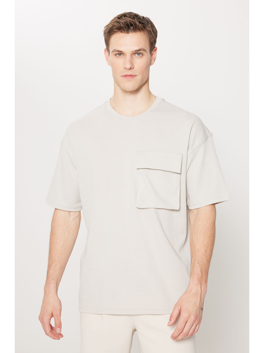 Erkek Gri Oversize Fit Bol Kesim Pamuklu Düz Bisiklet Yaka Tişört