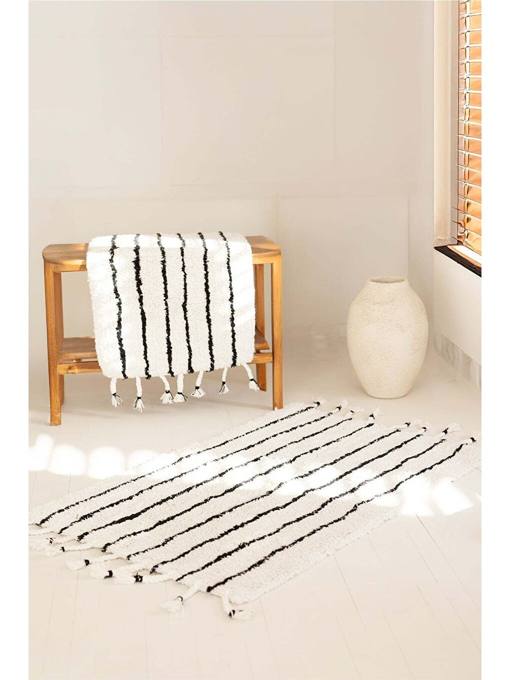 In Lines 2 li Takım Banyo Paspası  100 Pamuk 40x60   60x90 Siyah Çizgili