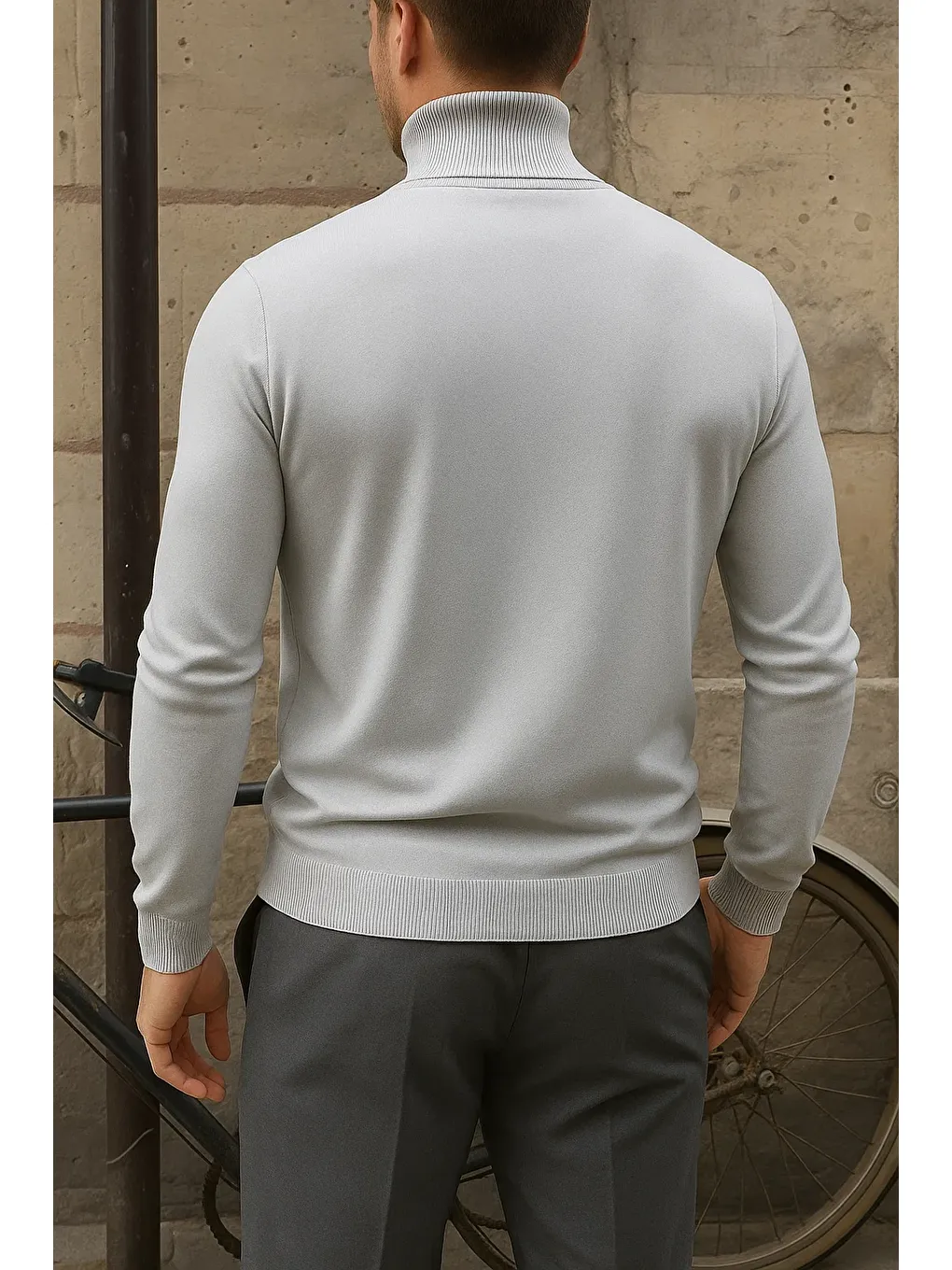 Erkek Premium Boğazlı Gri Triko Kazak-5