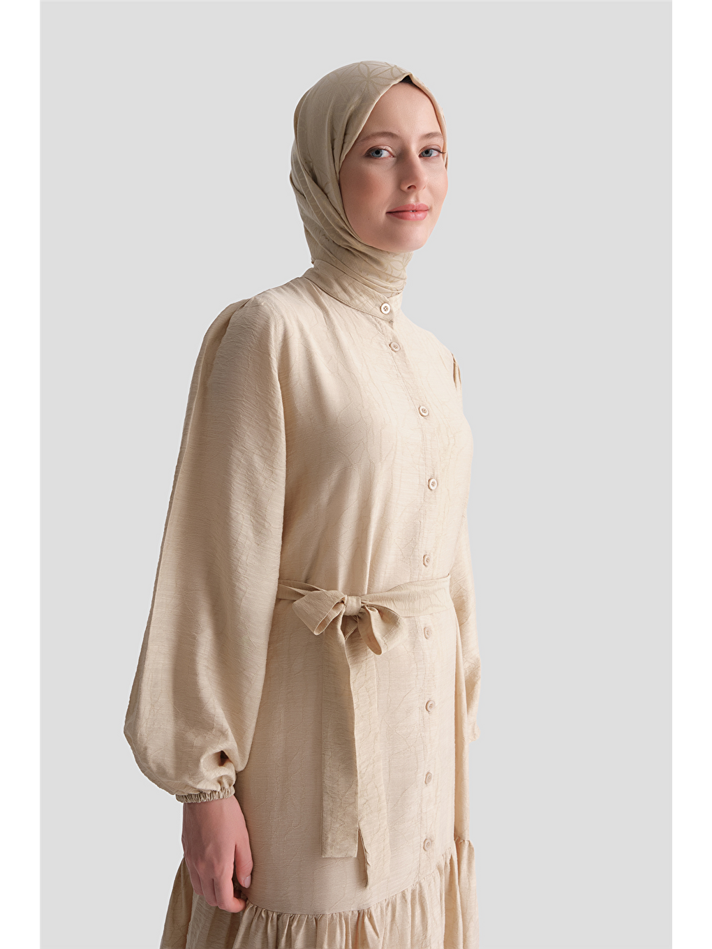 Jakarlı Elbise Bej-5