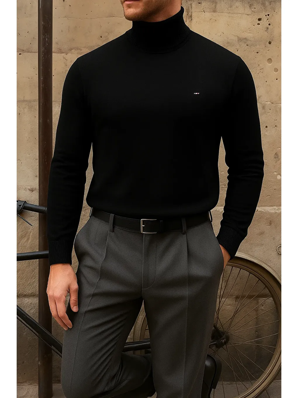 Erkek Premium Boğazlı Siyah Triko Kazak-3
