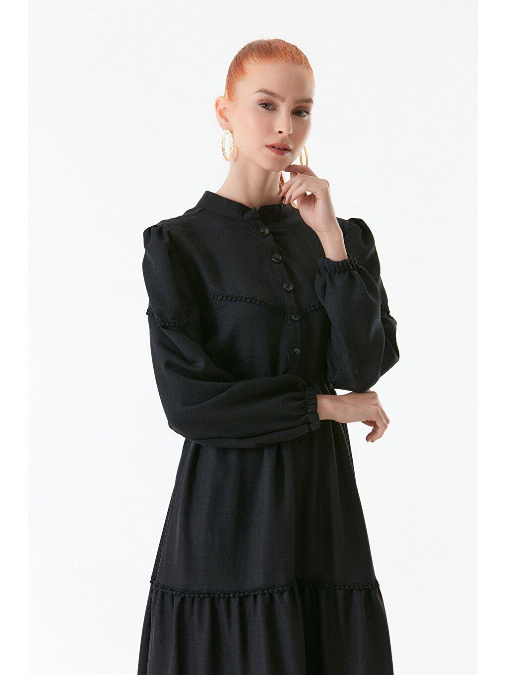 Siyah Fullamodest Beli Bağlamalı Hakim Yaka Elbise-2