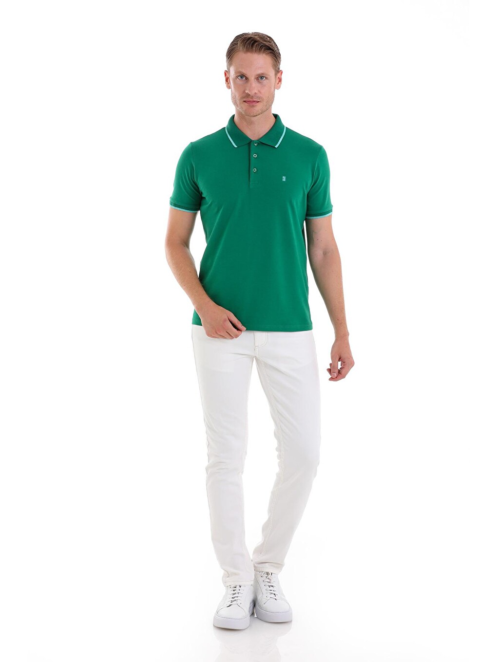 Yeşil Regular Fit Düz 100% Pamuklu Polo Yaka Tişört-1