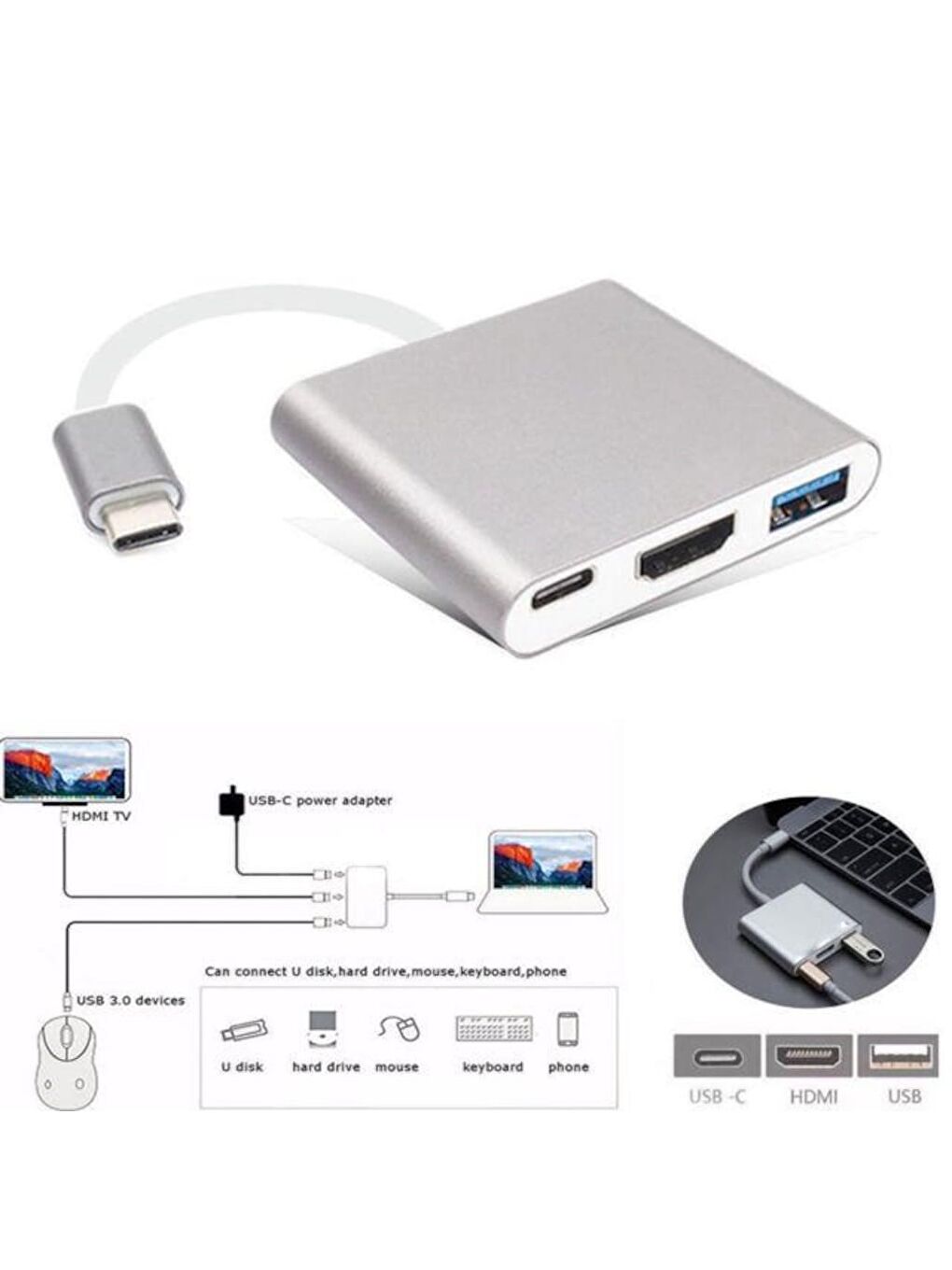 3'in 1 Type-C to Hdmi 4K USB 3.0 Çevirici Dönüştürücü Adaptör-7