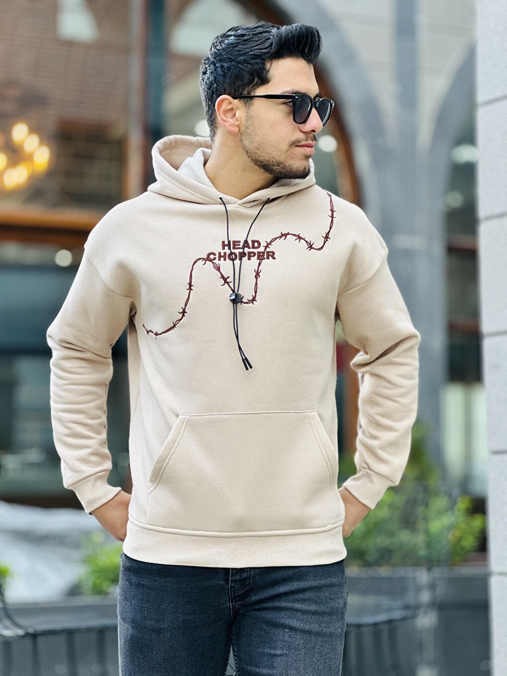 Miron Bej Üç İplik Head Chopper Nakışlı Oversize Kapüşonlu Sweatshirt - 4