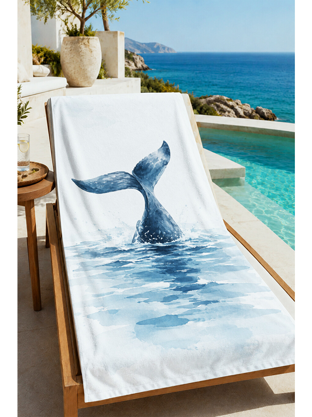 Minimal Suluboya Balina Kuyruğu Mavi Deniz Desenli 70x150 Plaj Havlusu - Pamuklu Banyo Havlusu-4