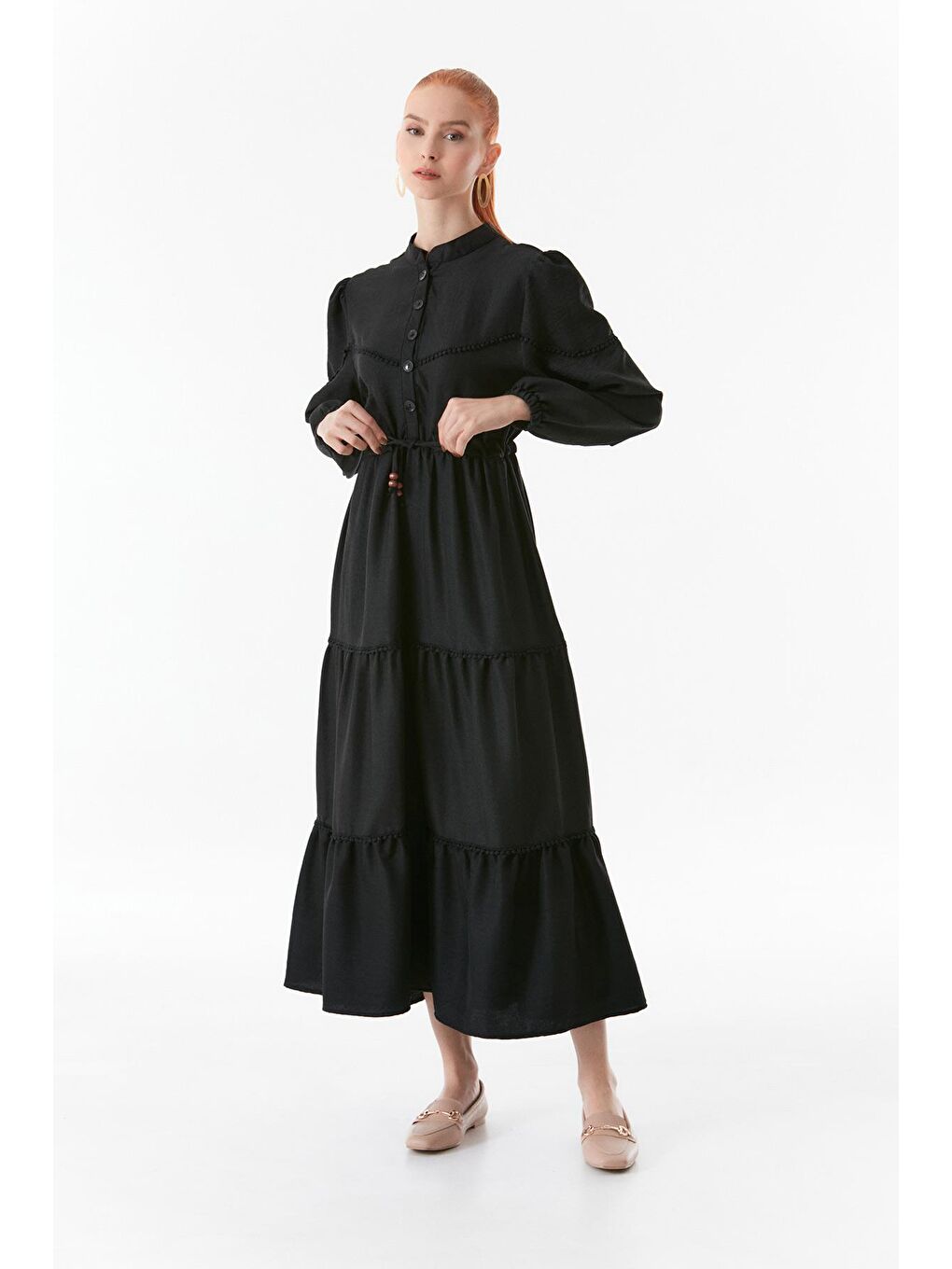 Siyah Fullamodest Beli Bağlamalı Hakim Yaka Elbise-3