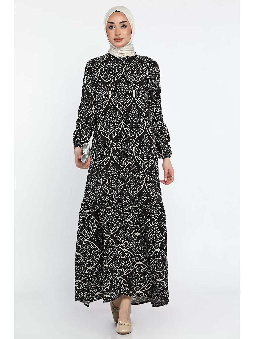 Siyah Desenli Bel Bağlamalı Tesettür Viskon Elbise-2