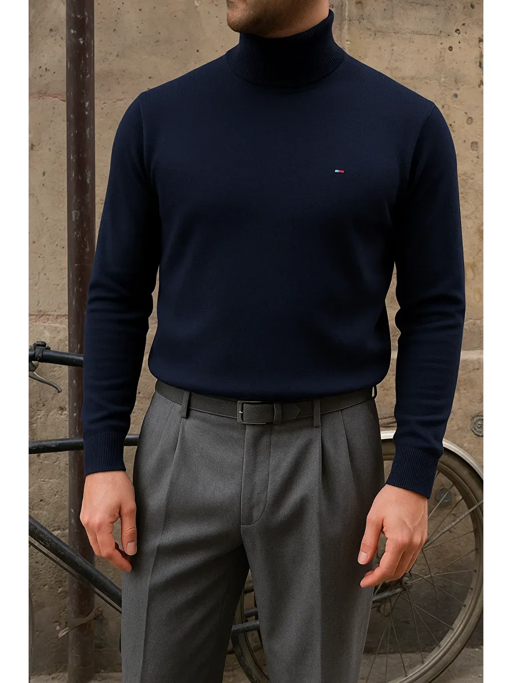 Erkek Premium Boğazlı Lacivert Triko Kazak-1