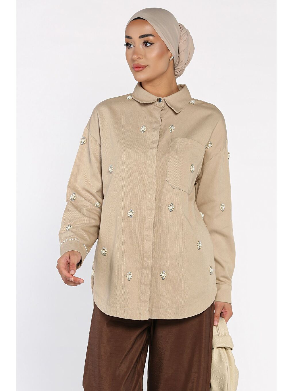Bej Taş Detaylı Gabardin Gömlek Tunik-1