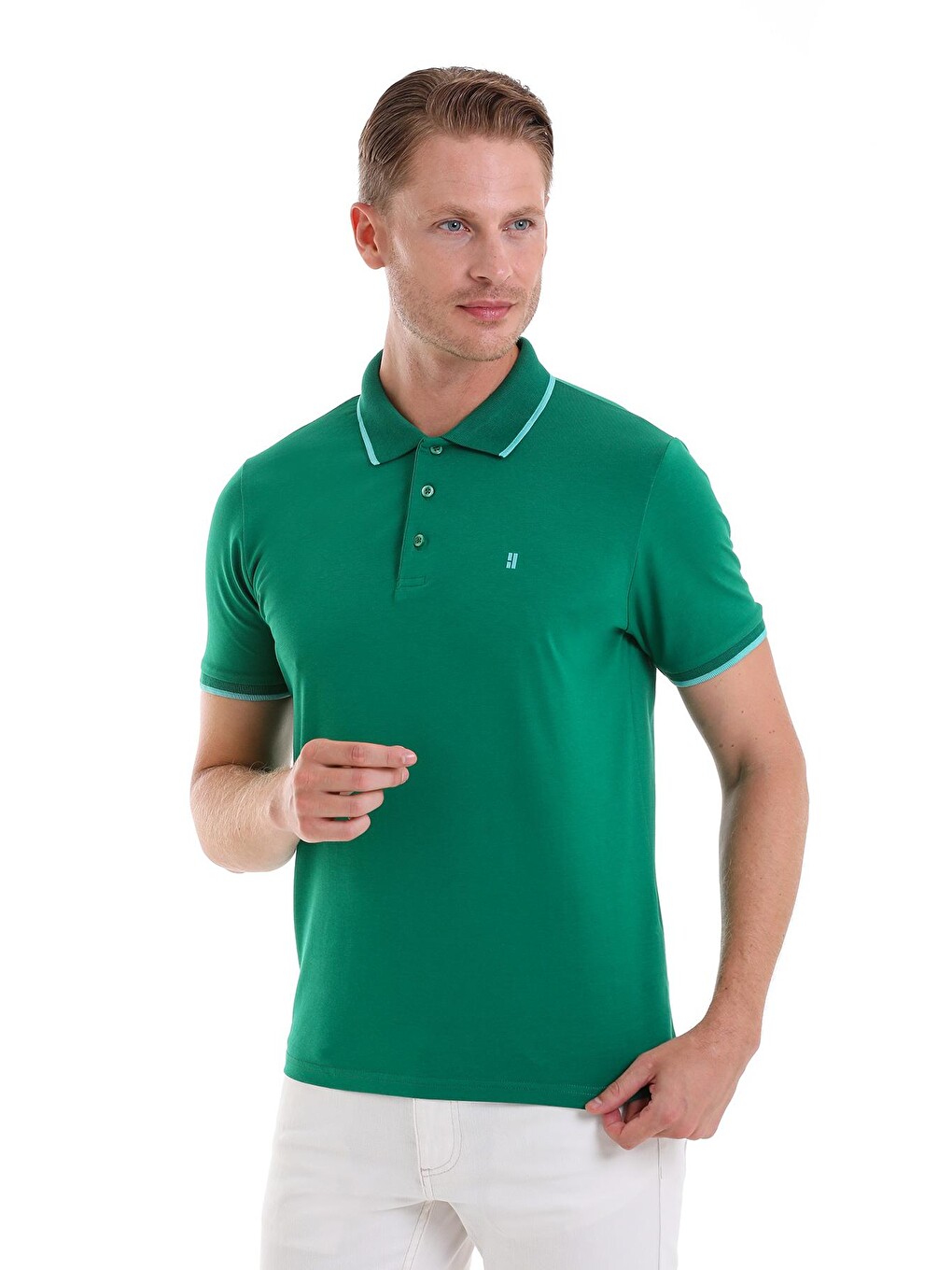 Yeşil Regular Fit Düz 100% Pamuklu Polo Yaka Tişört-3