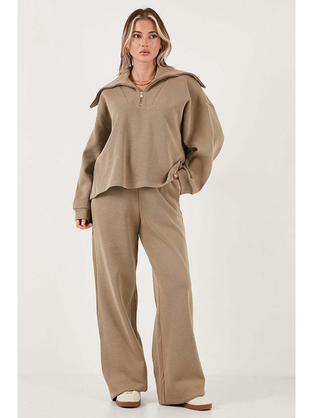 Haki Pamuklu Oversize Fit Yarım Fermuarlı Yaka Uzun Kollu Triko Takım 68351218