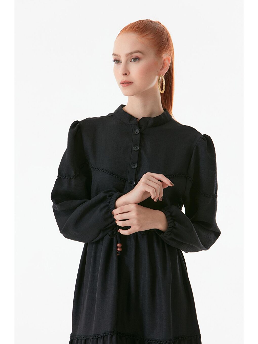 Siyah Fullamodest Beli Bağlamalı Hakim Yaka Elbise-4