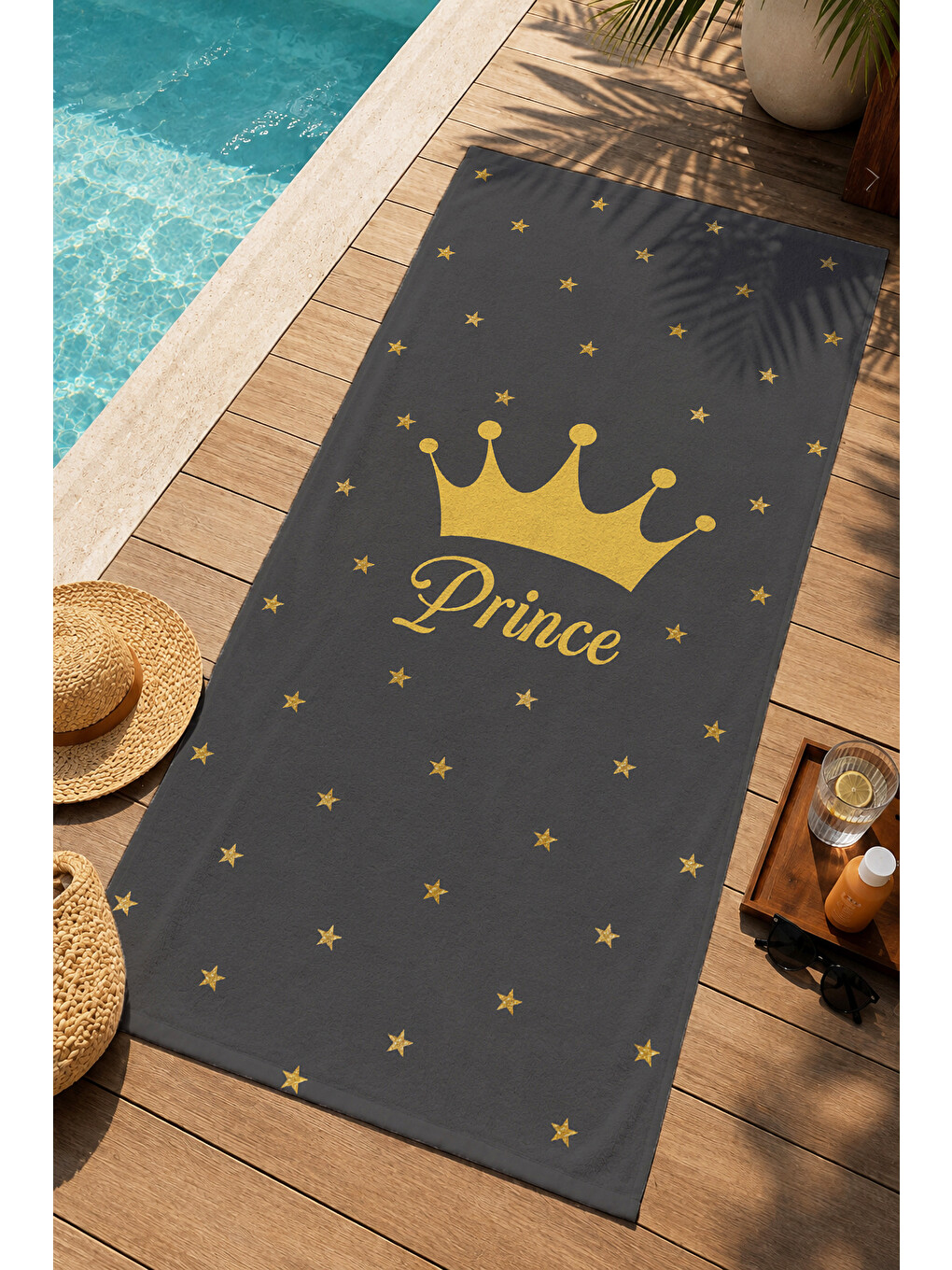 Minimal Prince Yazılı Altın Taç Antrasit Desenli 70x150 Plaj Havlusu - Dijital Baskılı Banyo Havlusu-2