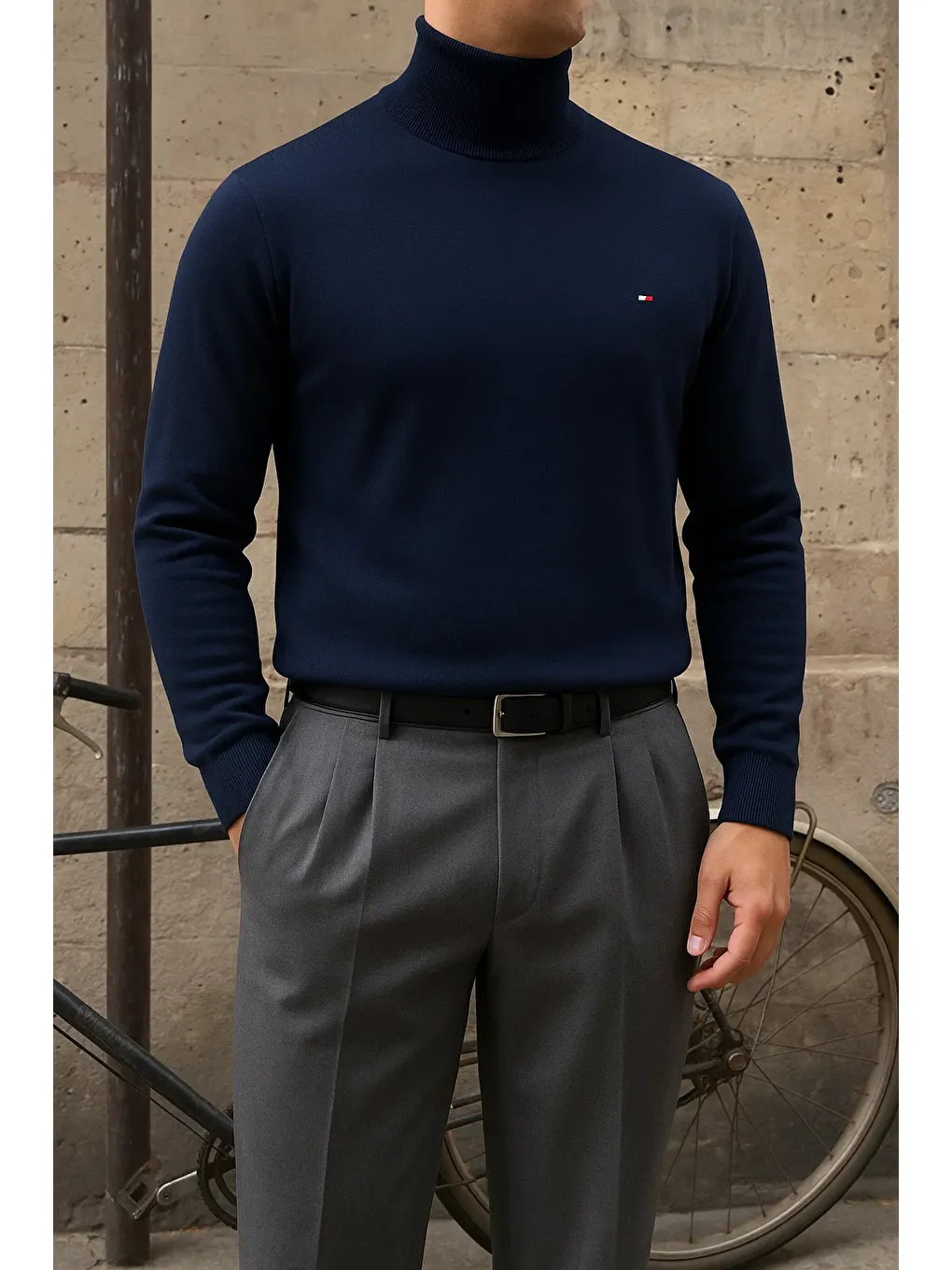 Erkek Premium Boğazlı Lacivert Triko Kazak-3