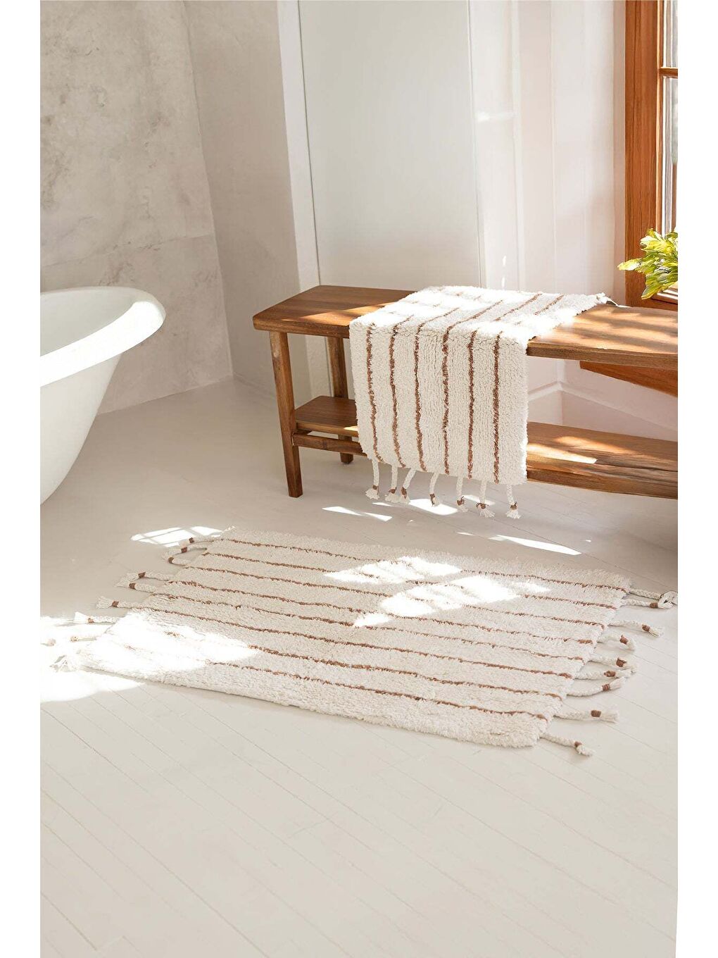 In Lines 2 li Takım Banyo Paspası  100 Pamuk 40x60   60x90 Bej Çizgili
