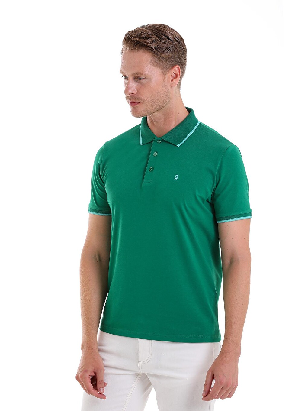 Yeşil Regular Fit Düz 100% Pamuklu Polo Yaka Tişört-4