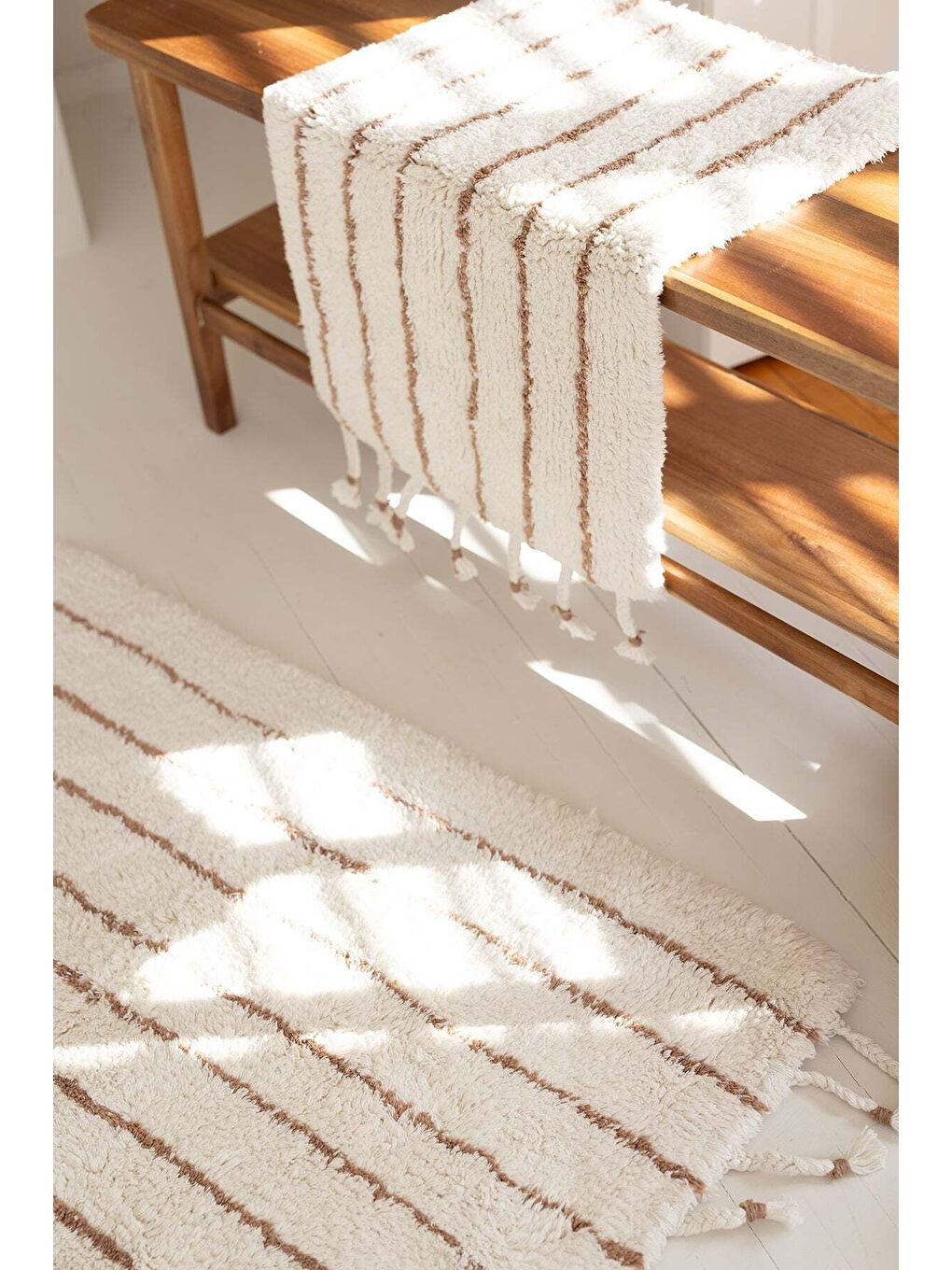 In Lines 2 li Takım Banyo Paspası  100 Pamuk 40x60   60x90 Bej Çizgili-1