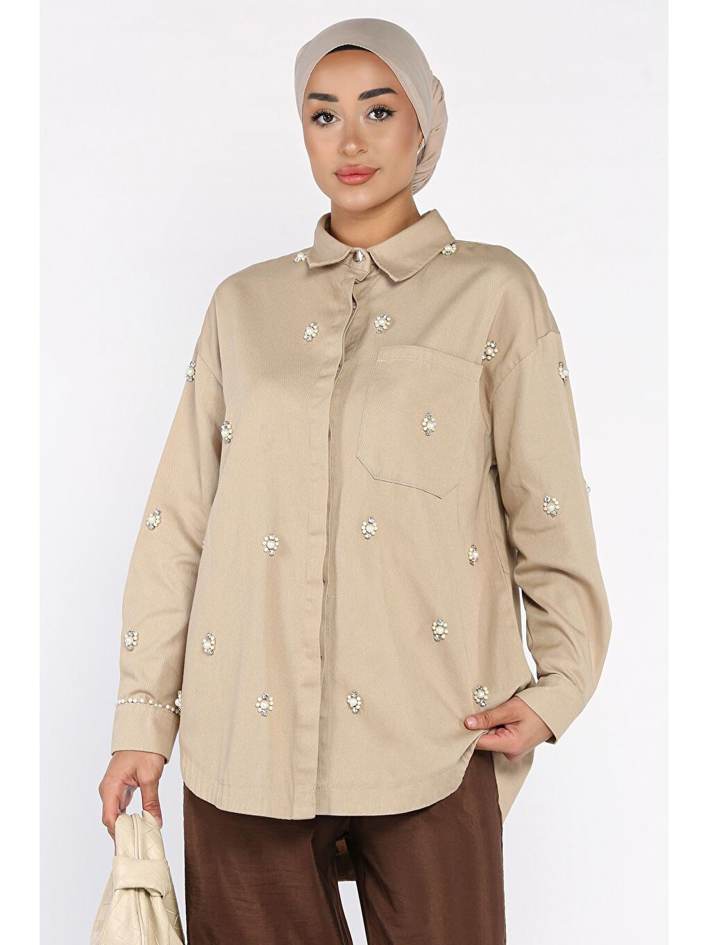 Bej Taş Detaylı Gabardin Gömlek Tunik-3