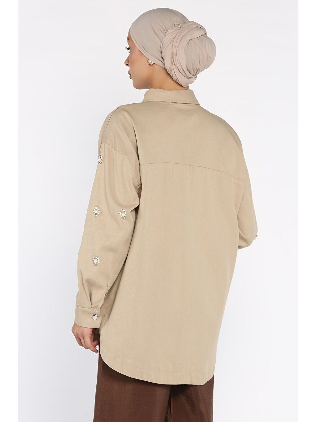 Bej Taş Detaylı Gabardin Gömlek Tunik-4